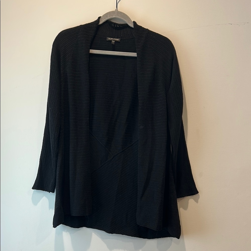 Eileen Fisher Black Knit Open Front Cardigan 100% Wool Italian Yarn Small